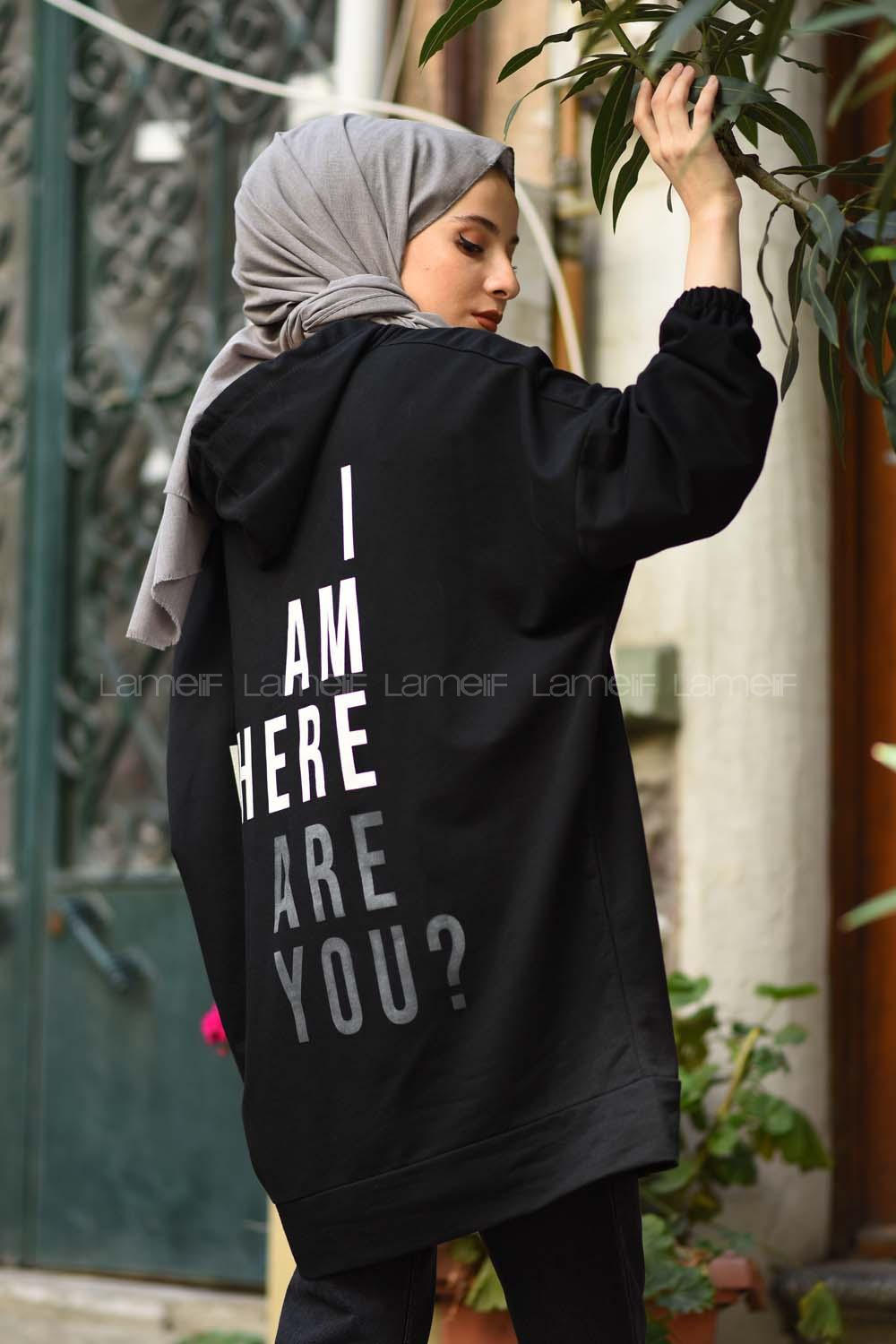 Modalamelif Salaş Kapşonlu Arka Yazılı Sweat Siyah