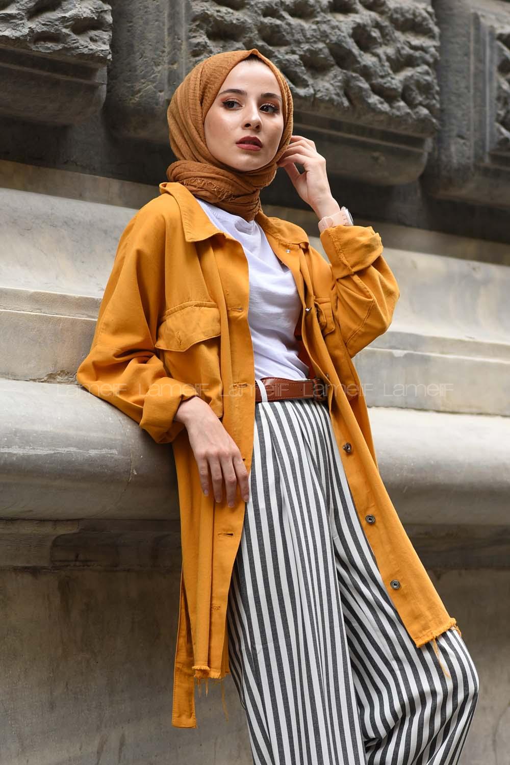 Modalamelif Koruk Cepli Kuşaklı Ceket Hardal Sarısı