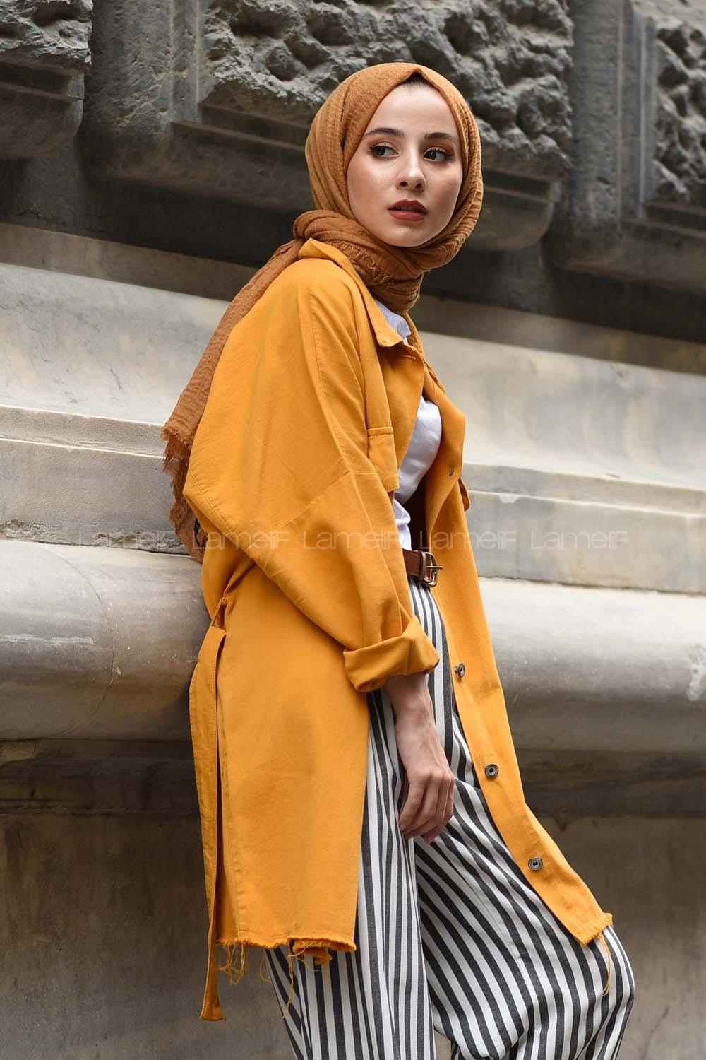 Modalamelif Koruk Cepli Kuşaklı Ceket Hardal Sarısı