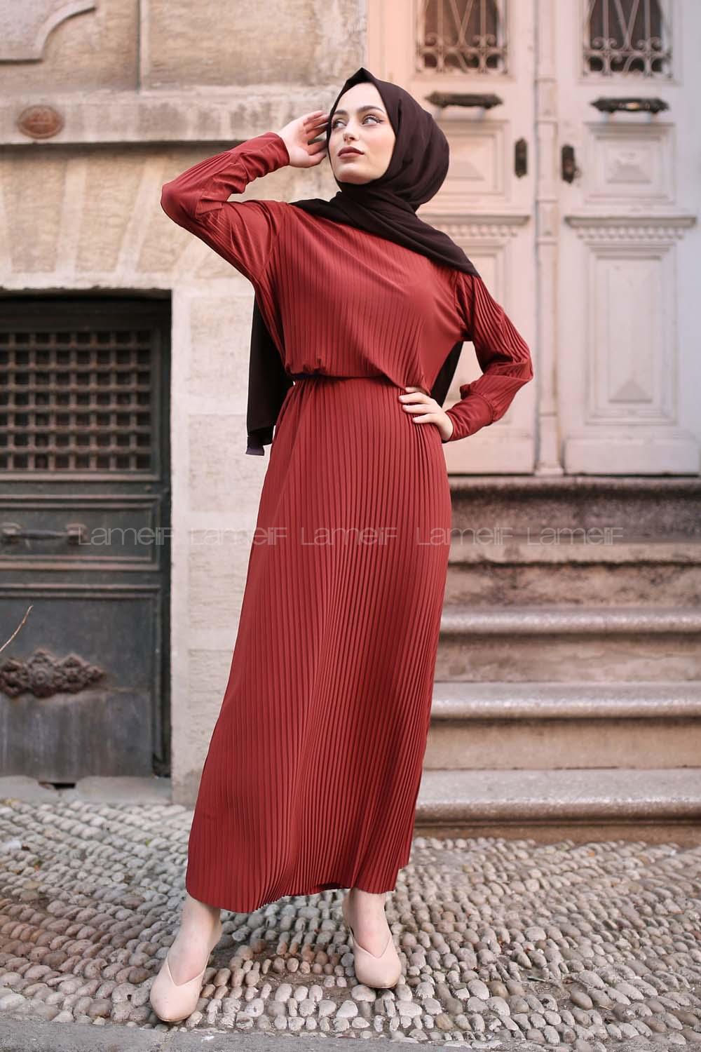 Modalamelif Piliseli Sandy Elbise Kiremit