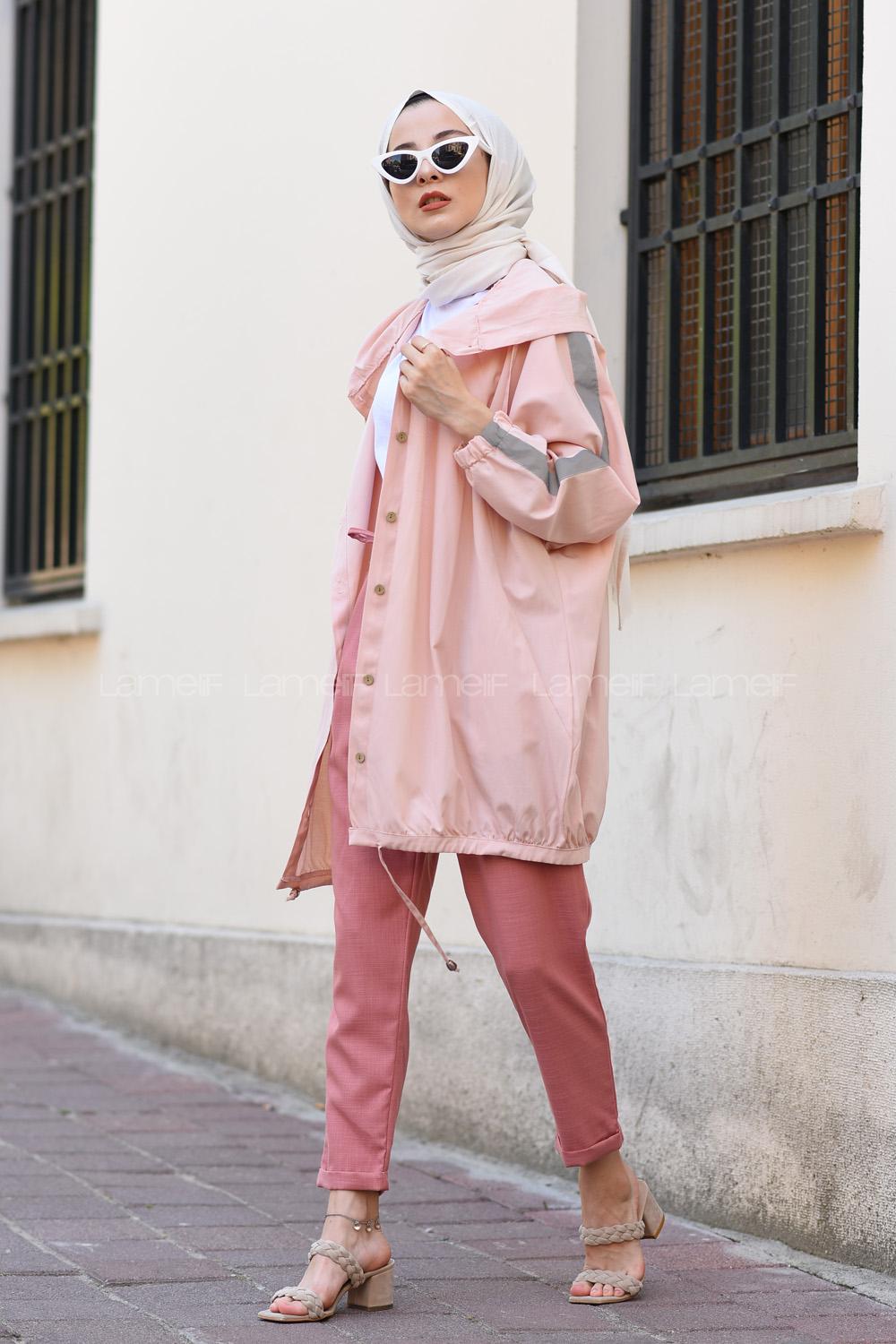 Modalamelif Kol Şeritli Kapşonlu Hırka Pudra