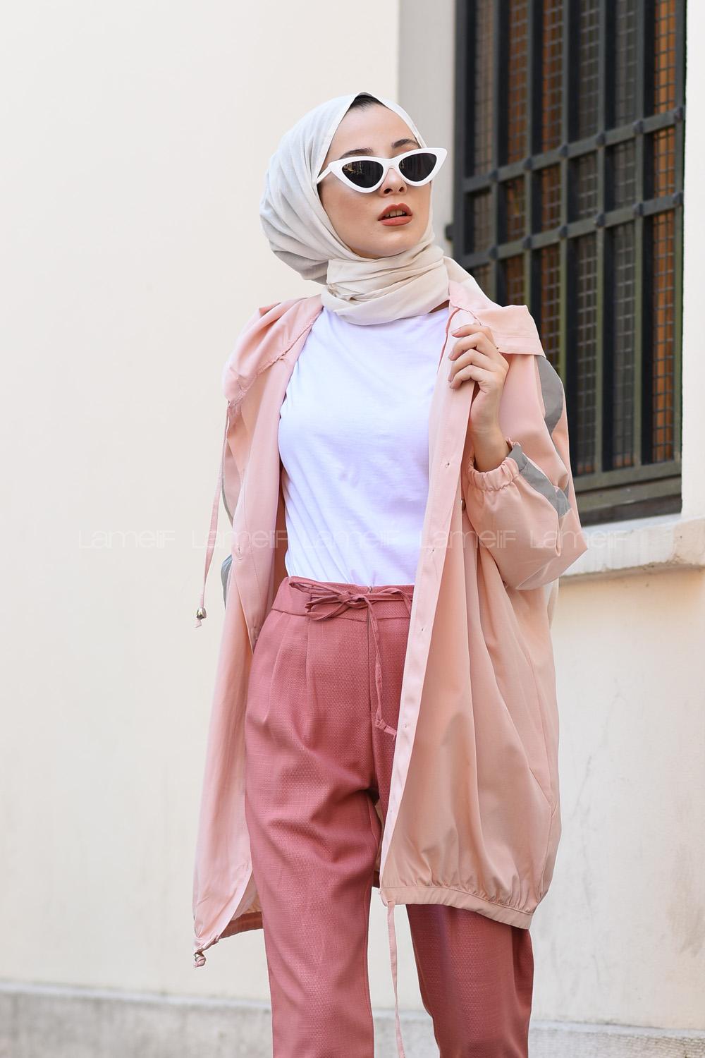 Modalamelif Kol Şeritli Kapşonlu Hırka Pudra