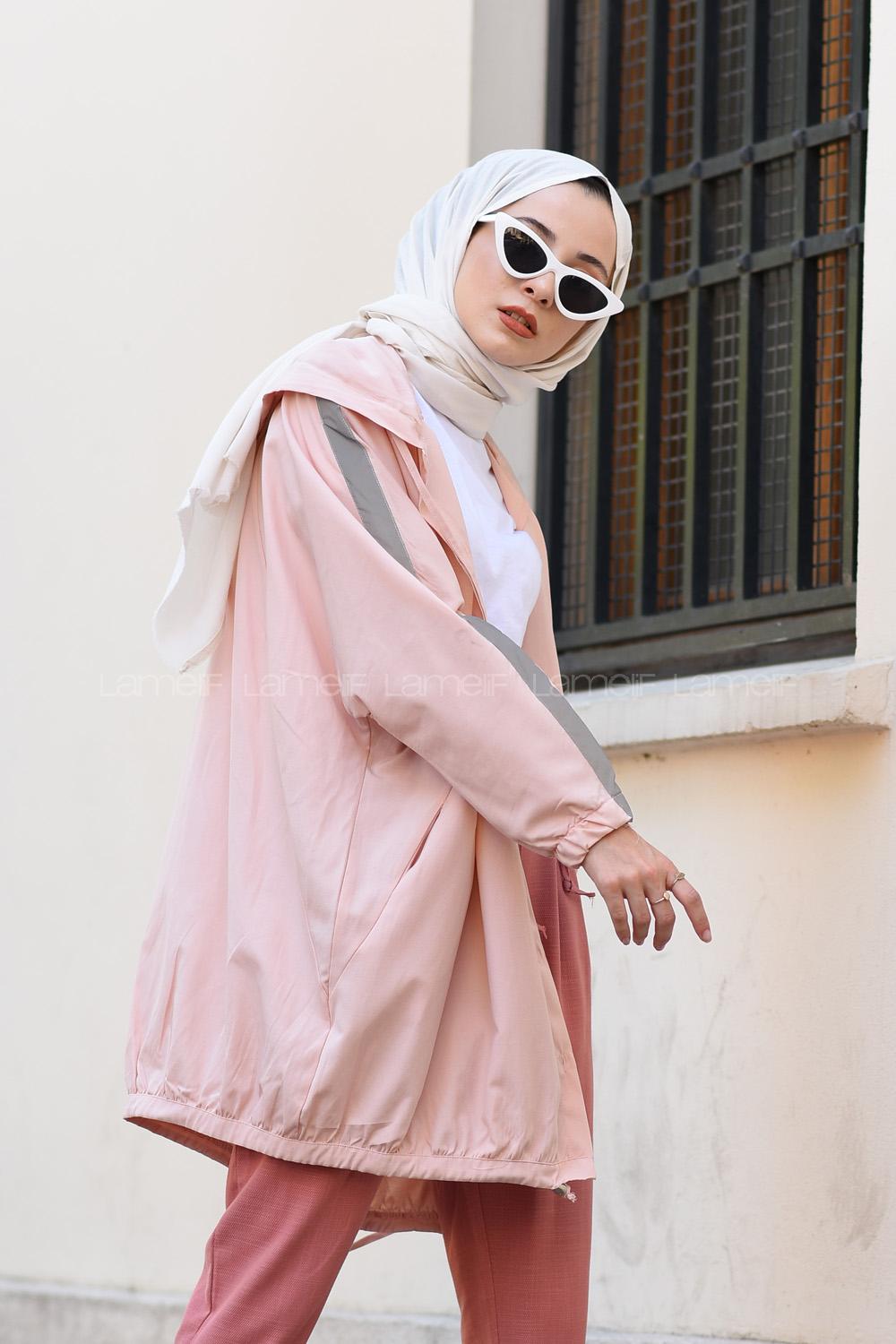 Modalamelif Kol Şeritli Kapşonlu Hırka Pudra