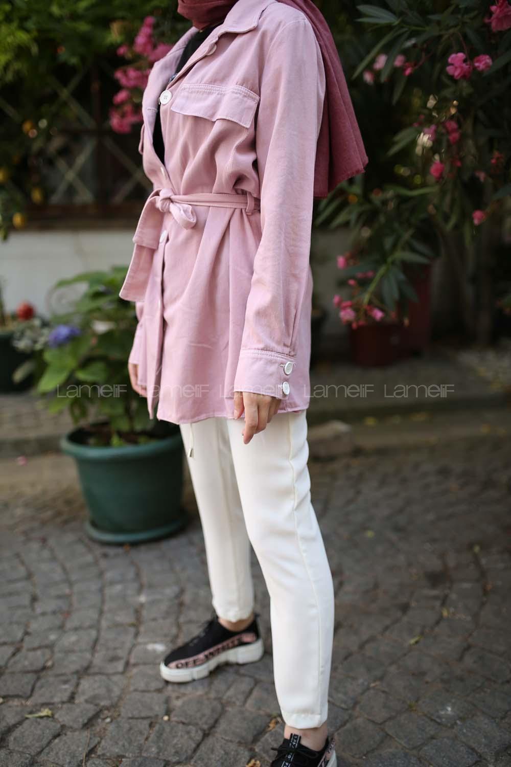 Modalamelif Beyaz Düğmeli Ceket Pudra