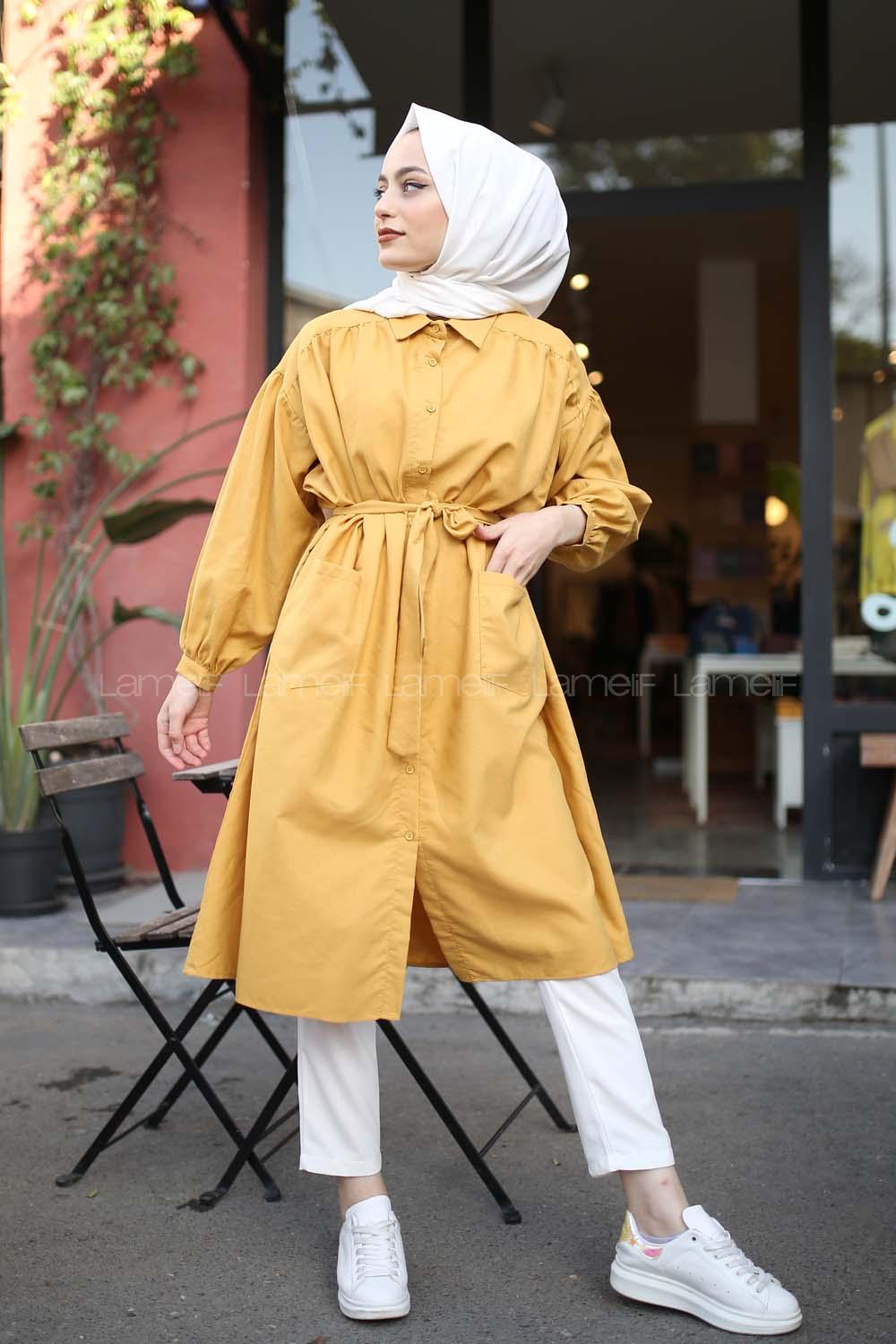 Modalamelif  Büyük Cepli Gömlek Elbise Sarı