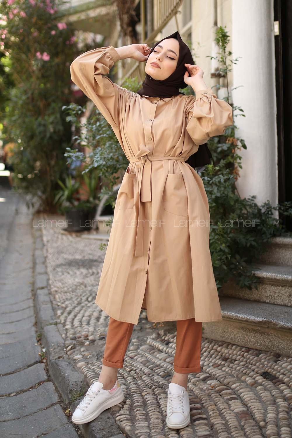 Modalamelif Fularlı Uzun Gömlek Vizonrengi