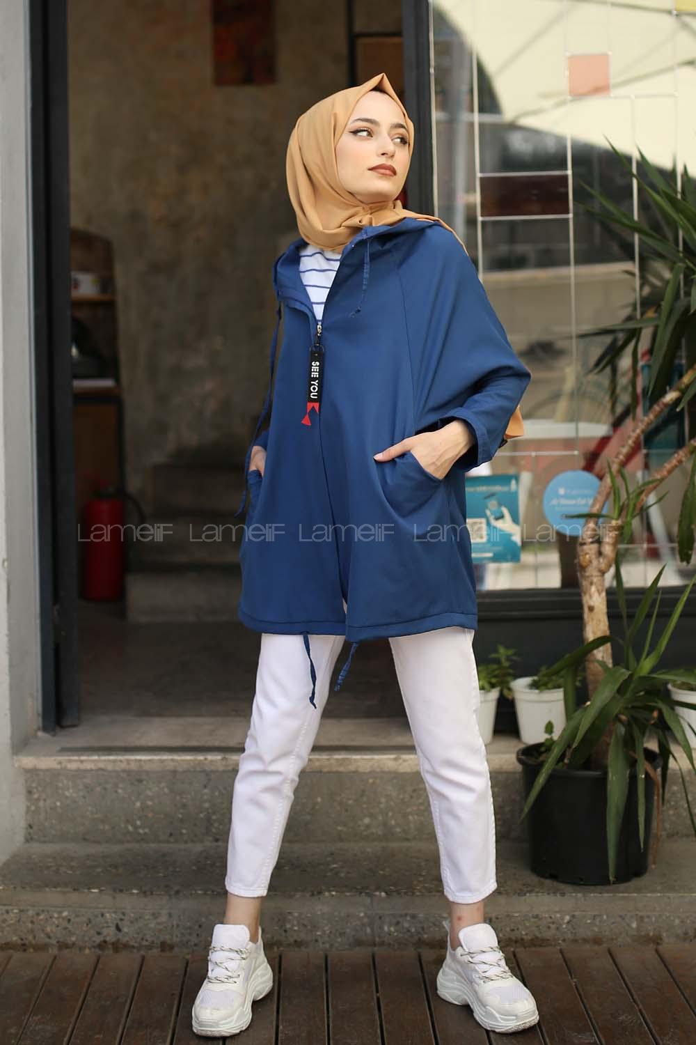 Modalamelif Kapşonlu See You Salaş Hırka İndigo