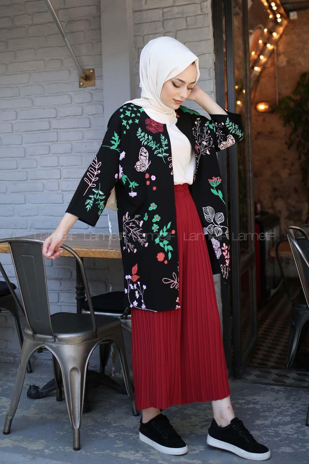 Modalamelif Renkli Çiçekli Hırka Siyah