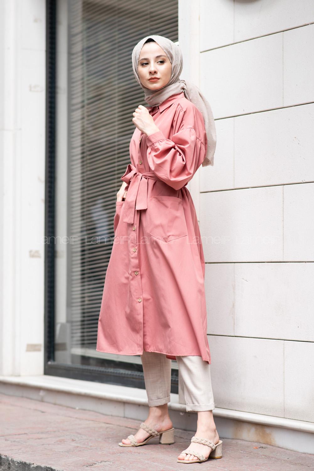 Modalamelif Fularlı Uzun Gömlek Gül Kurusu