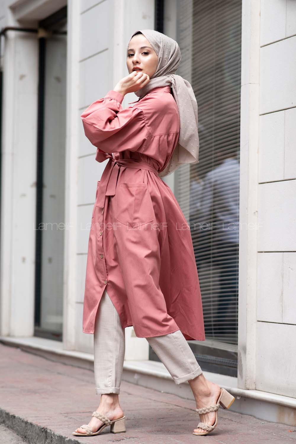 Modalamelif Fularlı Uzun Gömlek Gül Kurusu