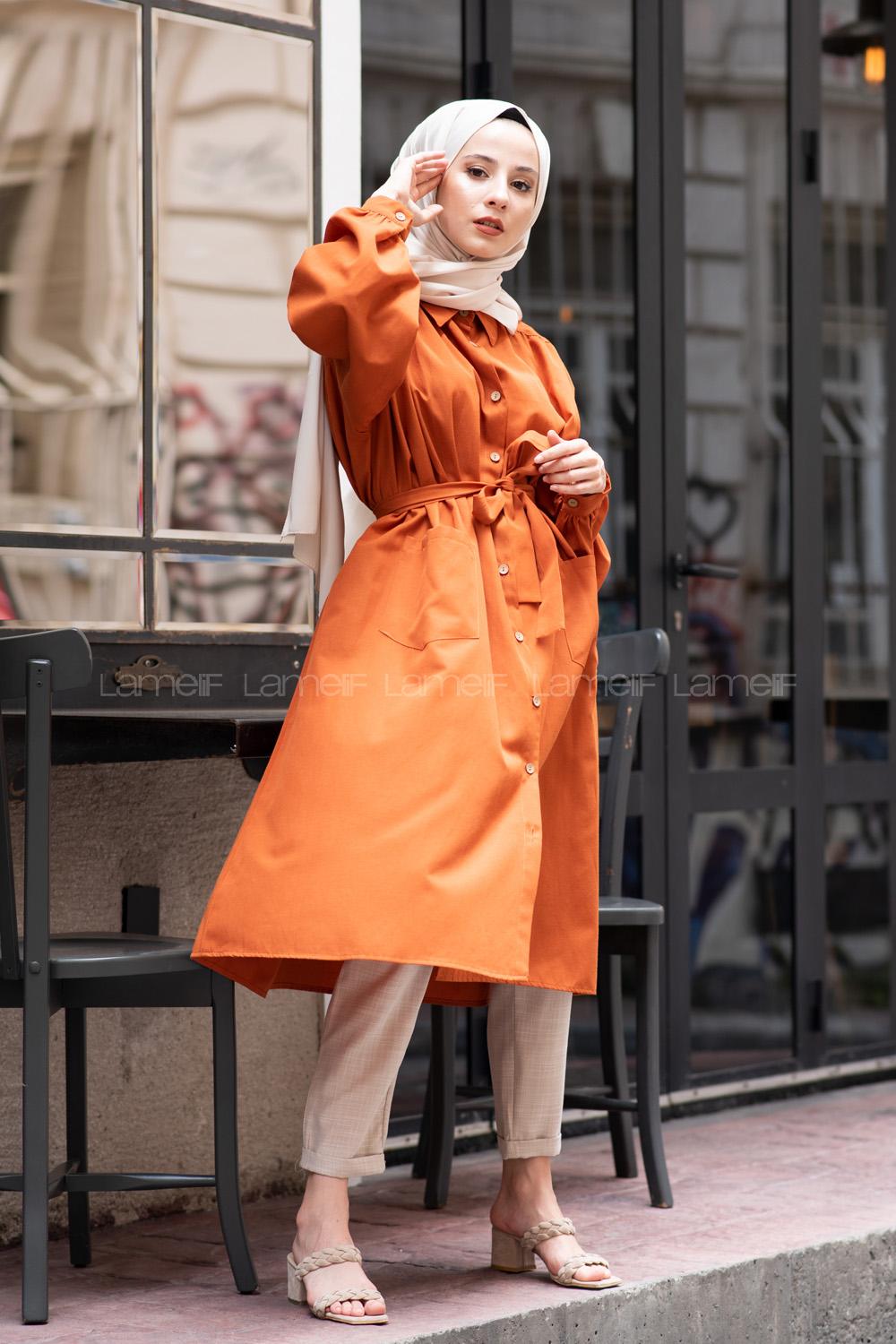 Modalamelif Fularlı Uzun Gömlek Kiremit