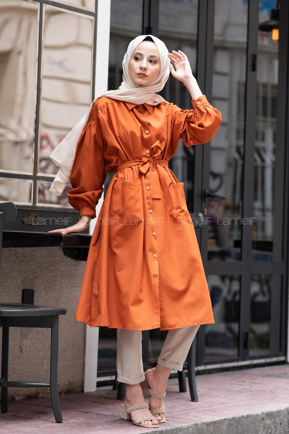 Modalamelif Fularlı Uzun Gömlek Kiremit