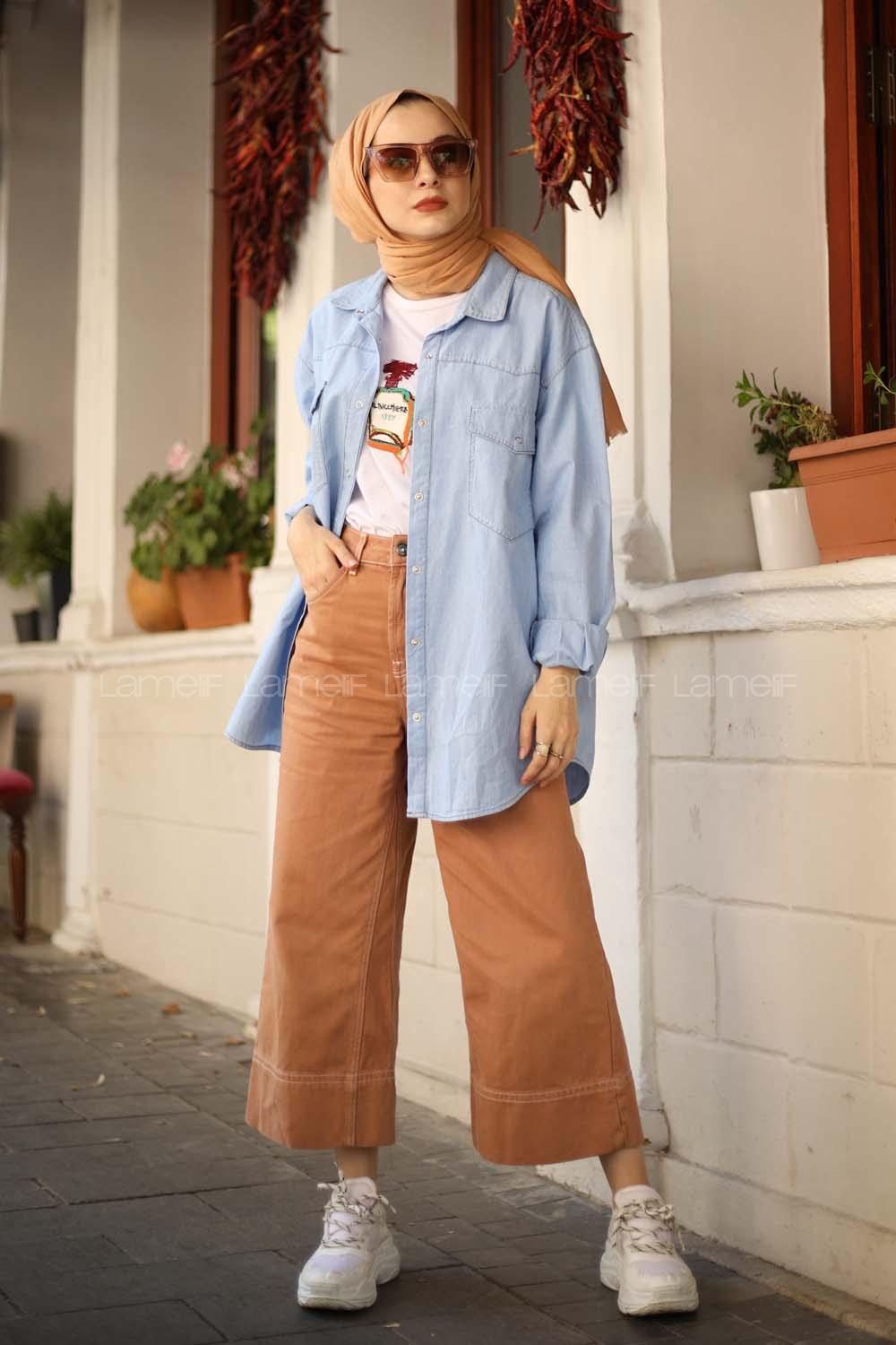 Modalamelif Buz Mavisi Oversıze Cepli Kot Gömlek