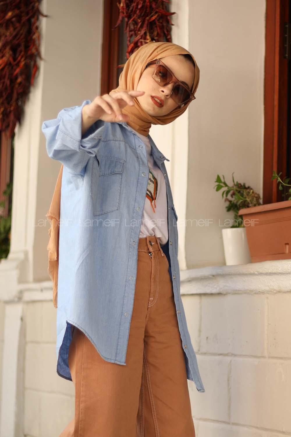 Modalamelif Buz Mavisi Oversıze Cepli Kot Gömlek