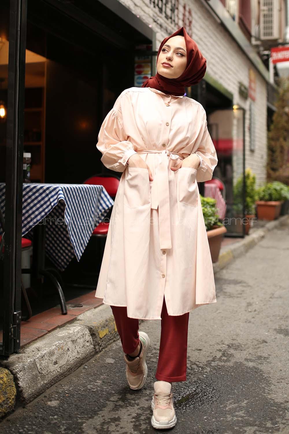 Modalamelif Fularlı Uzun Gömlek Krem