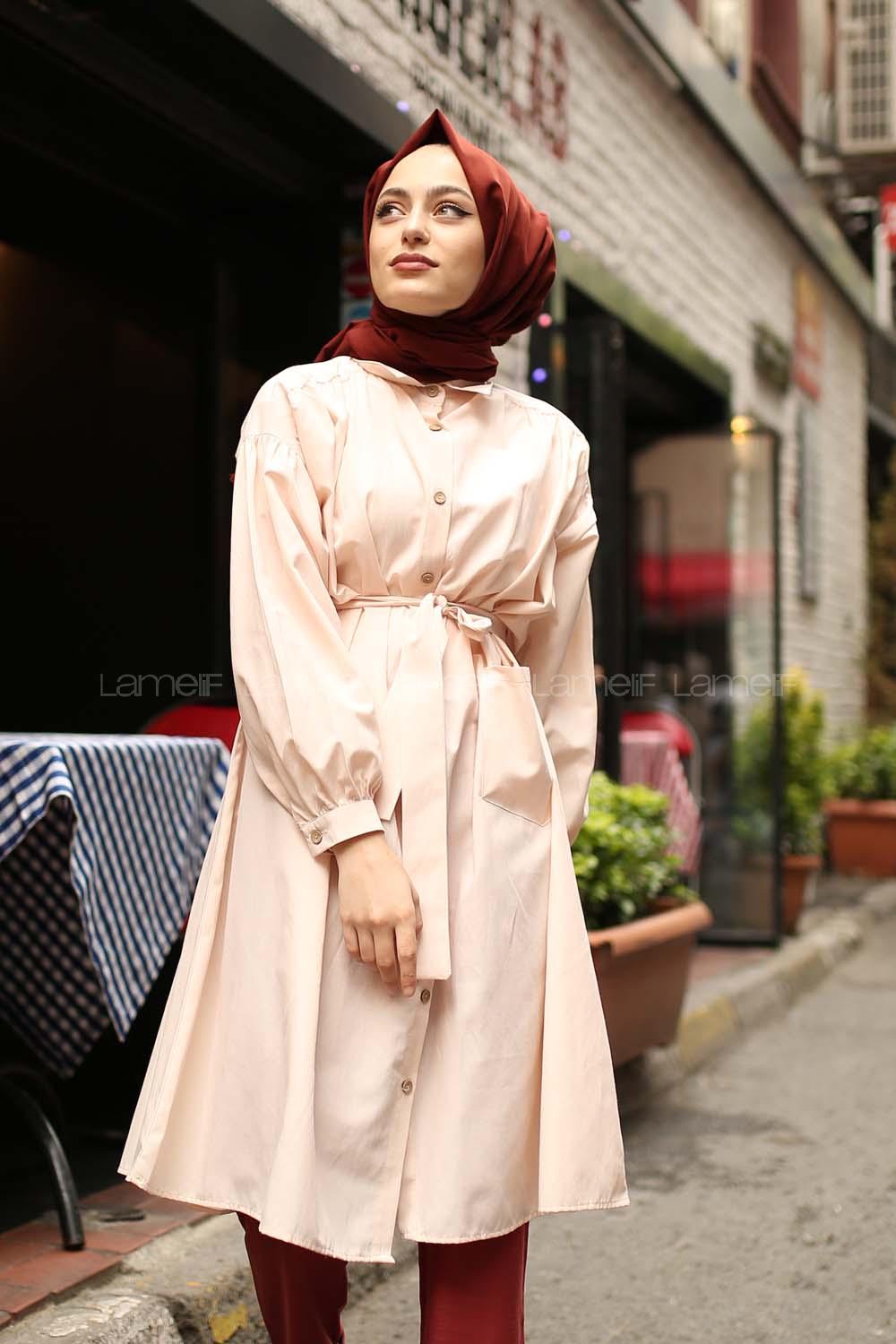 Modalamelif Fularlı Uzun Gömlek Krem