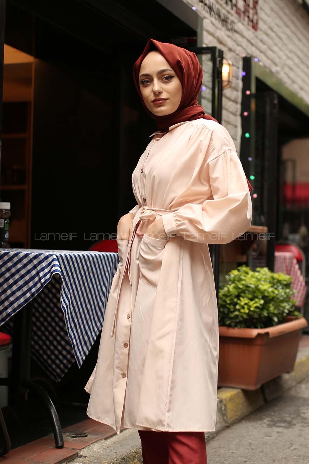 Modalamelif Fularlı Uzun Gömlek Krem