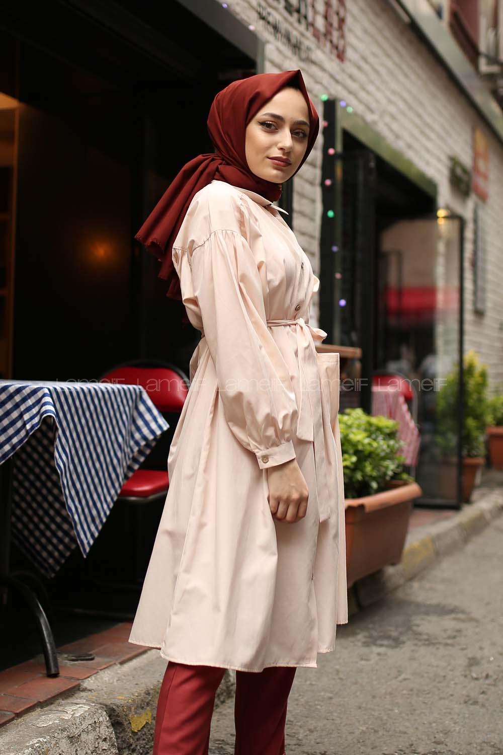 Modalamelif Fularlı Uzun Gömlek Krem