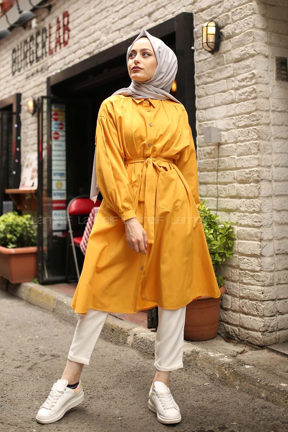 Modalamelif Fularlı Uzun Gömlek Sarı