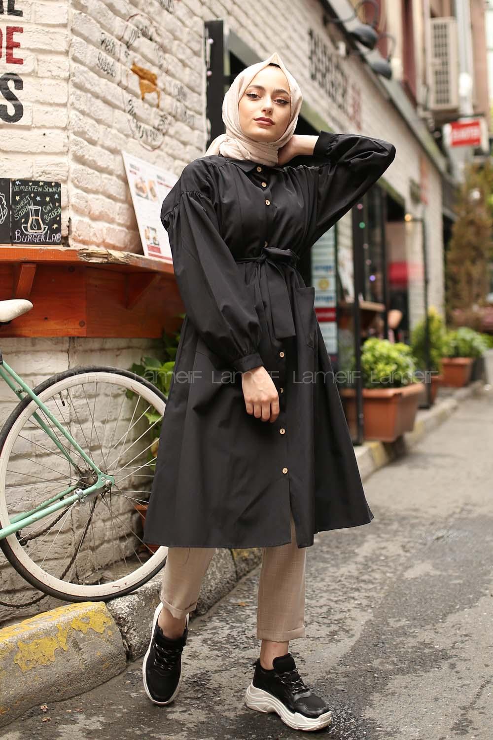 Modalamelif Fularlı Uzun Gömlek Siyah