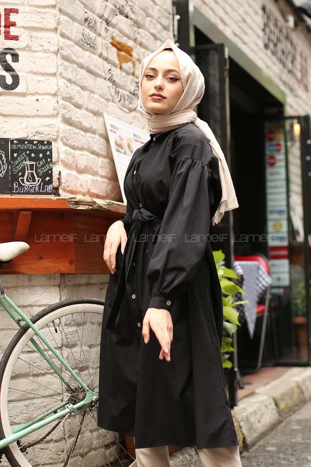 Modalamelif Fularlı Uzun Gömlek Siyah