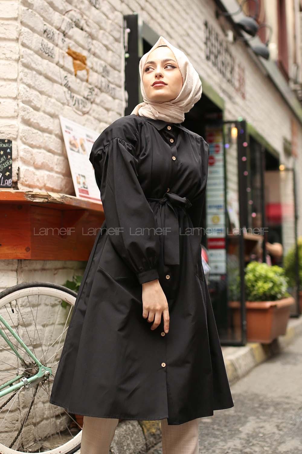 Modalamelif Fularlı Uzun Gömlek Siyah