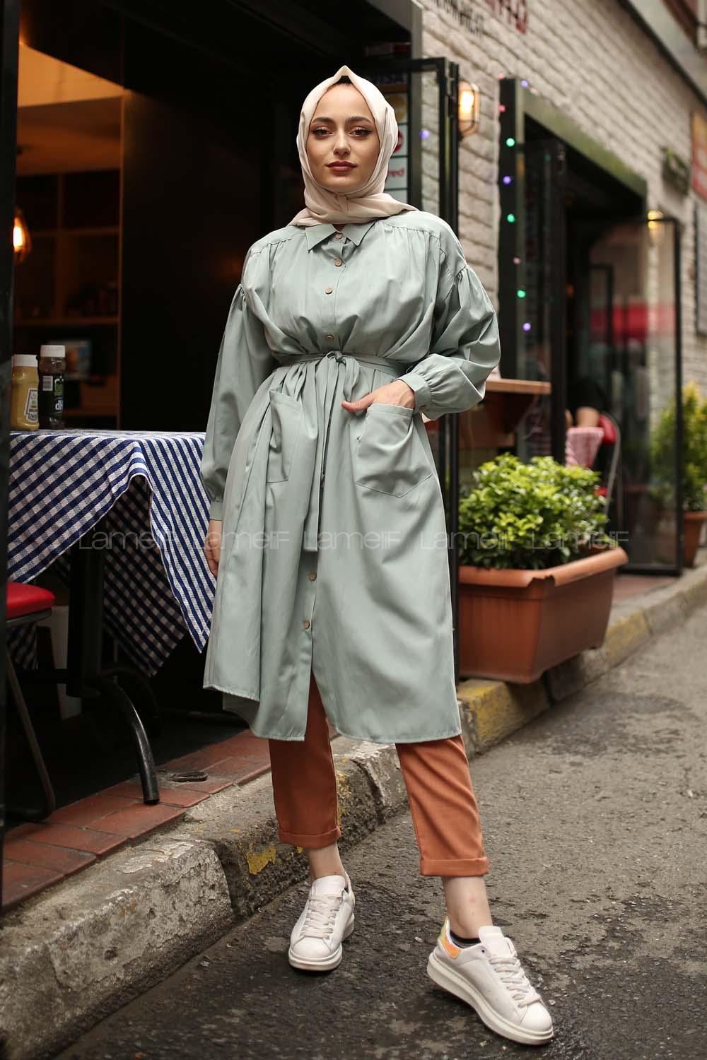 Modalamelif Fularlı Uzun Gömlek Su Yeşili