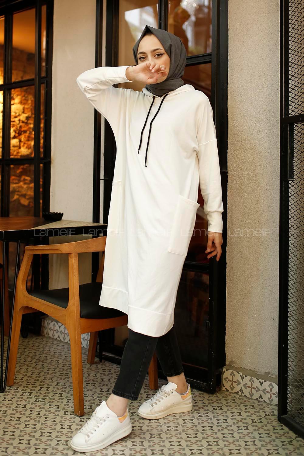 Modalamelif Kapşonlu Uzun Cep Detaylı Sweatshirt Beyaz