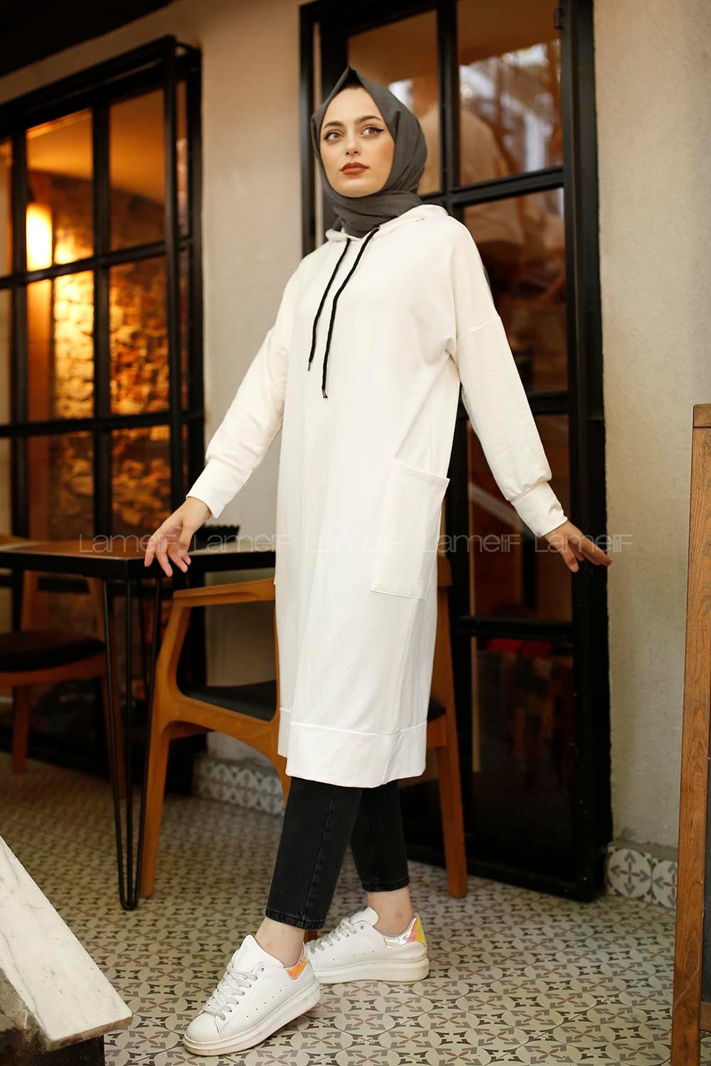 Modalamelif Kapşonlu Uzun Cep Detaylı Sweatshirt Beyaz