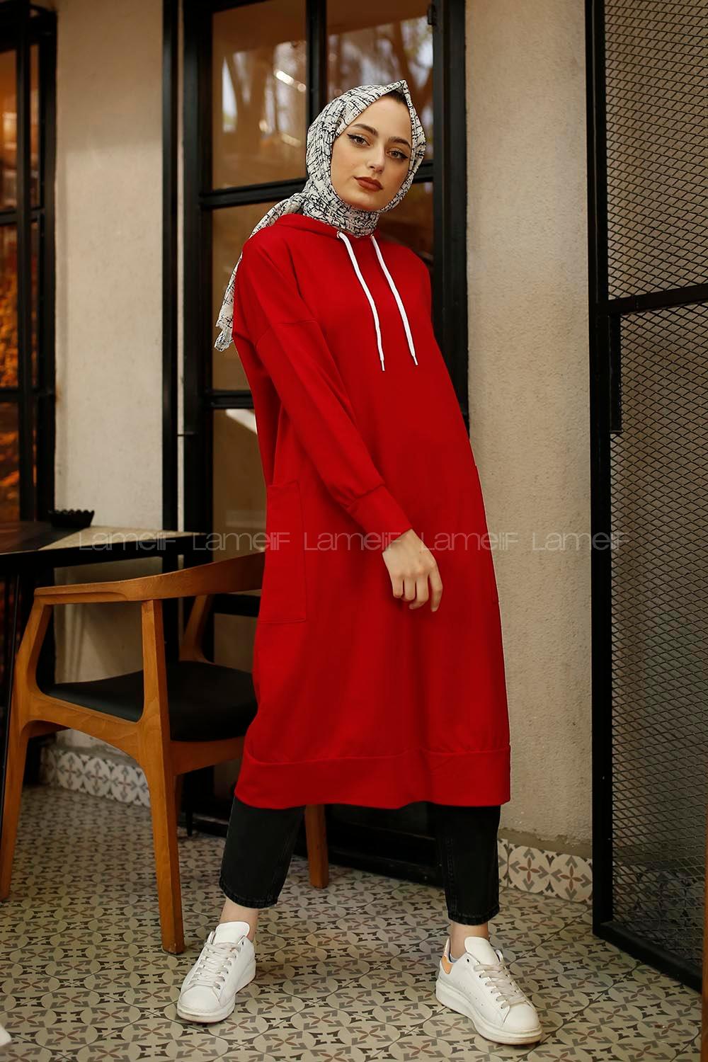 Modalamelif Kapşonlu Uzun Cep Detaylı Sweatshirt Kırmızı