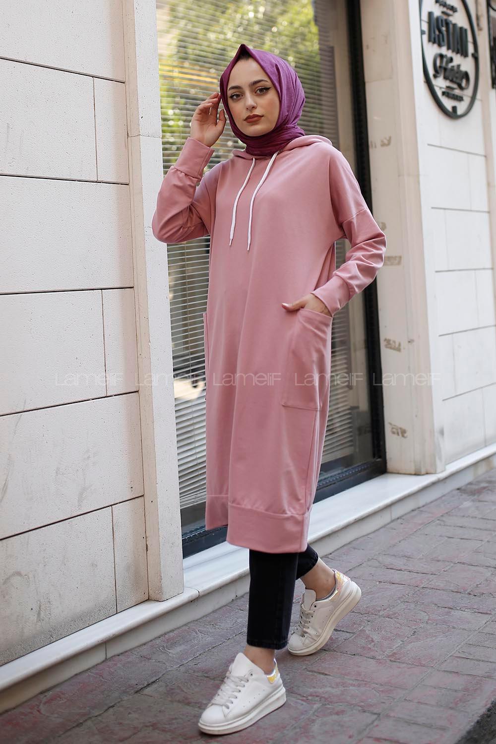 Modalamelif Kapşonlu Uzun Cep Detaylı Sweatshirt Pudra