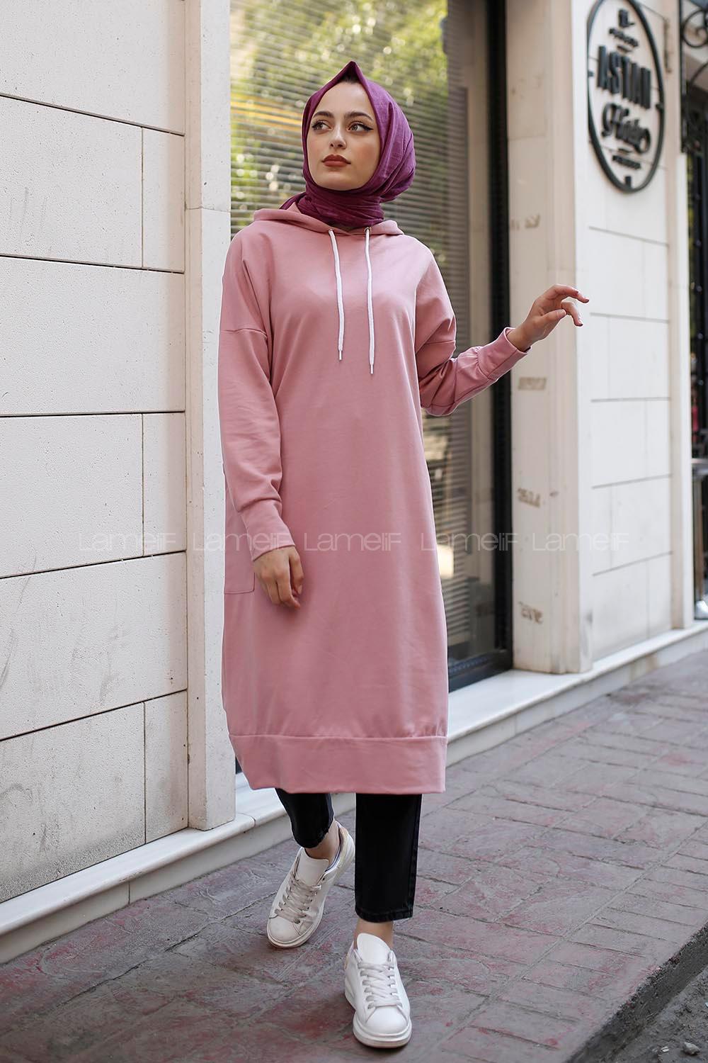 Modalamelif Kapşonlu Uzun Cep Detaylı Sweatshirt Pudra