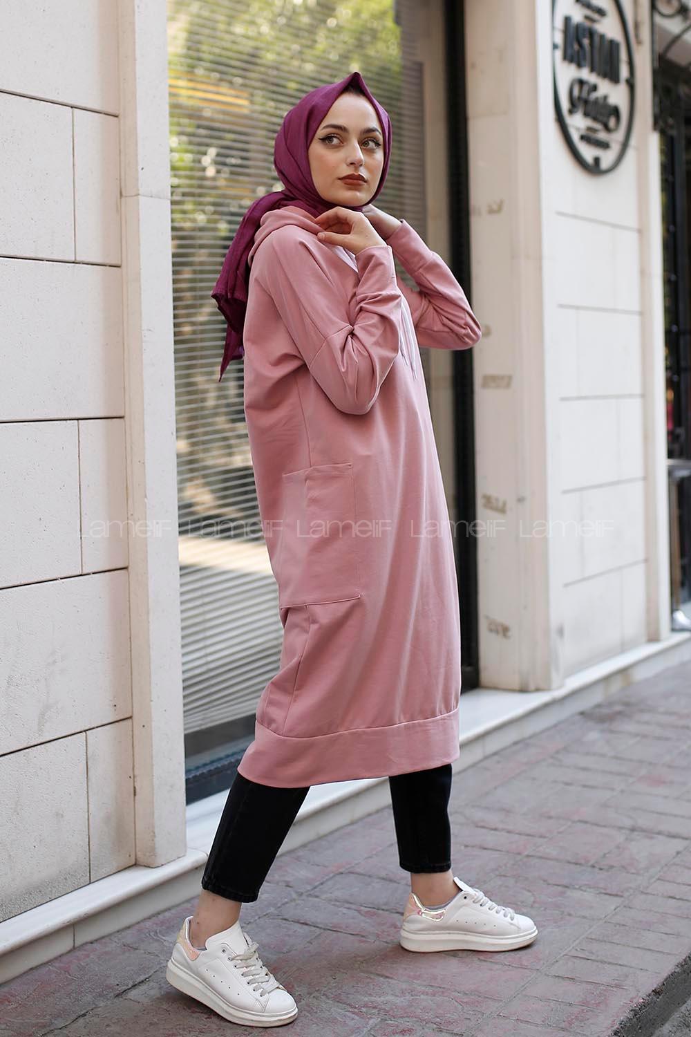 Modalamelif Kapşonlu Uzun Cep Detaylı Sweatshirt Pudra