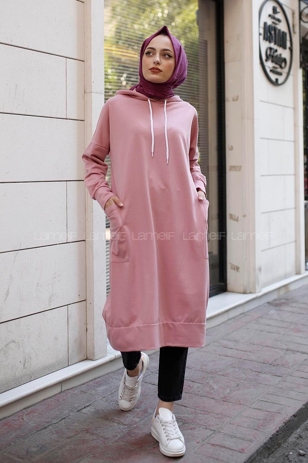 Modalamelif Kapşonlu Uzun Cep Detaylı Sweatshirt Pudra