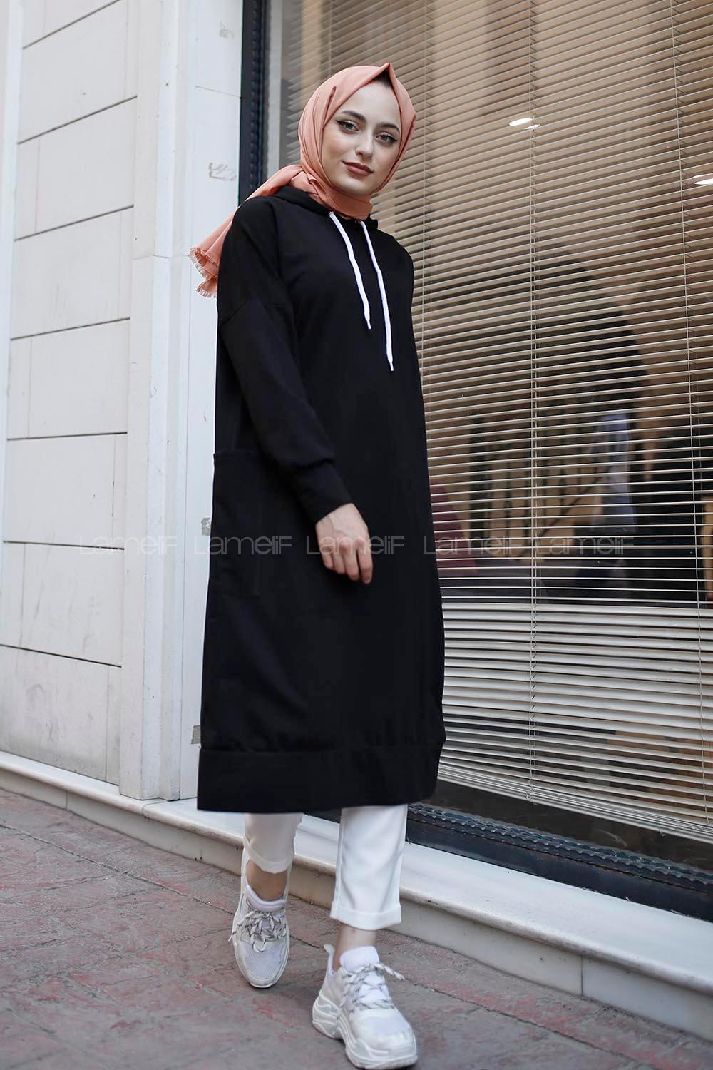 Modalamelif Kapşonlu Uzun Cep Detaylı Sweatshirt Siyah