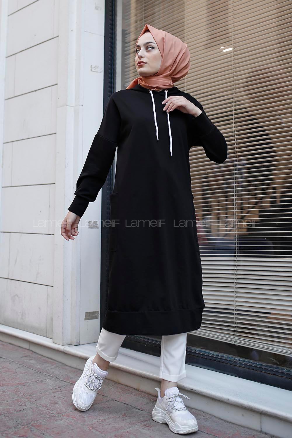 Modalamelif Kapşonlu Uzun Cep Detaylı Sweatshirt Siyah