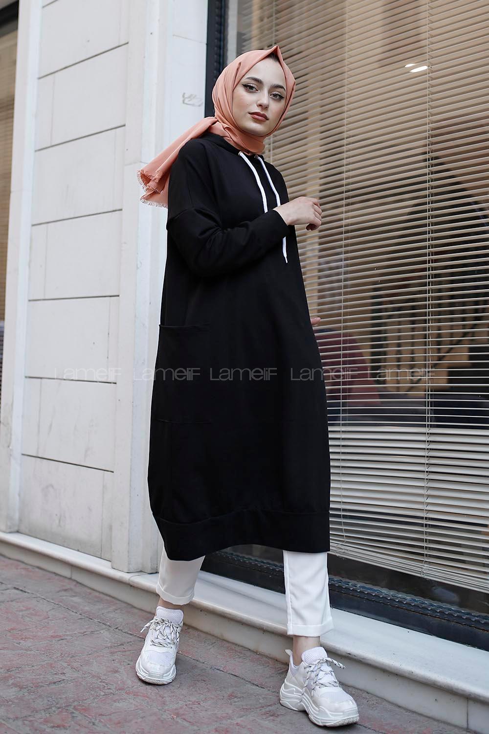 Modalamelif Kapşonlu Uzun Cep Detaylı Sweatshirt Siyah