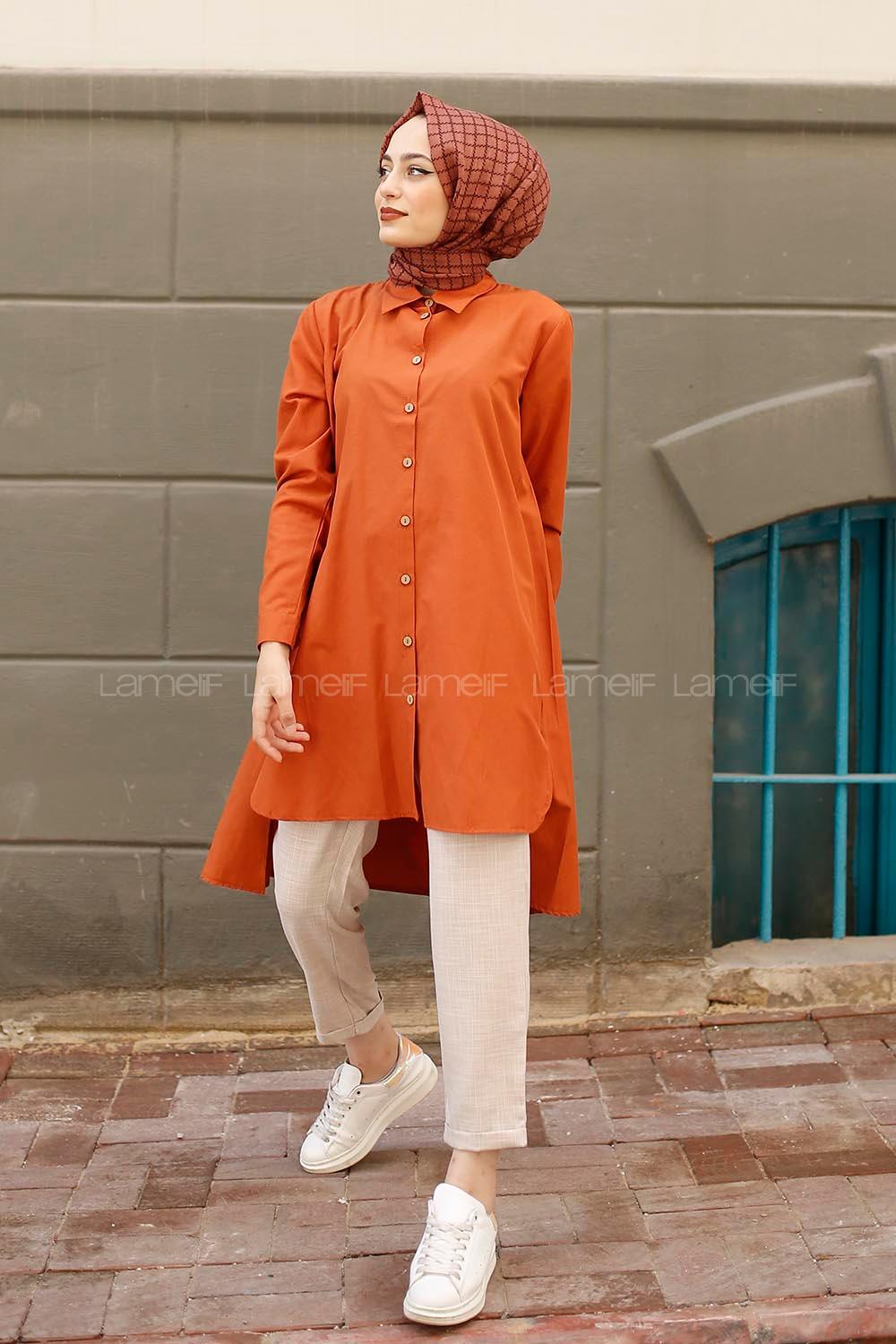 Modalamelif Yırtmaçlı Arkası Uzun Gömlek Kiremit
