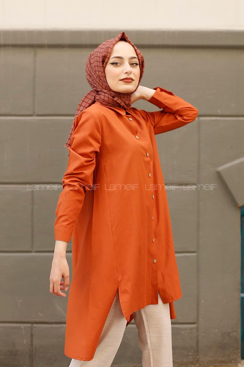 Modalamelif Yırtmaçlı Arkası Uzun Gömlek Kiremit