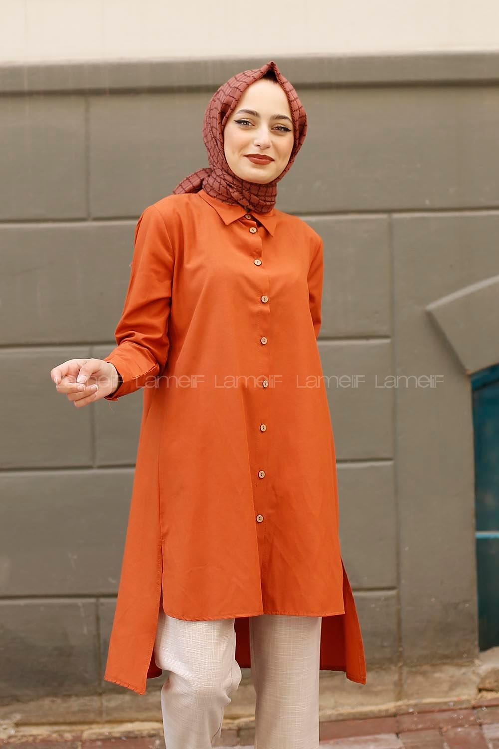 Modalamelif Yırtmaçlı Arkası Uzun Gömlek Kiremit