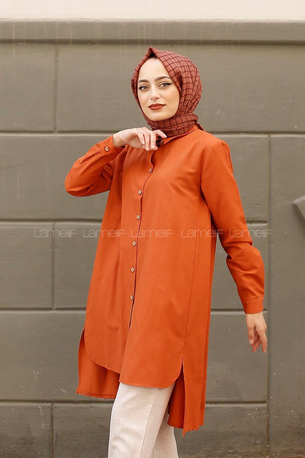 Modalamelif Yırtmaçlı Arkası Uzun Gömlek Kiremit