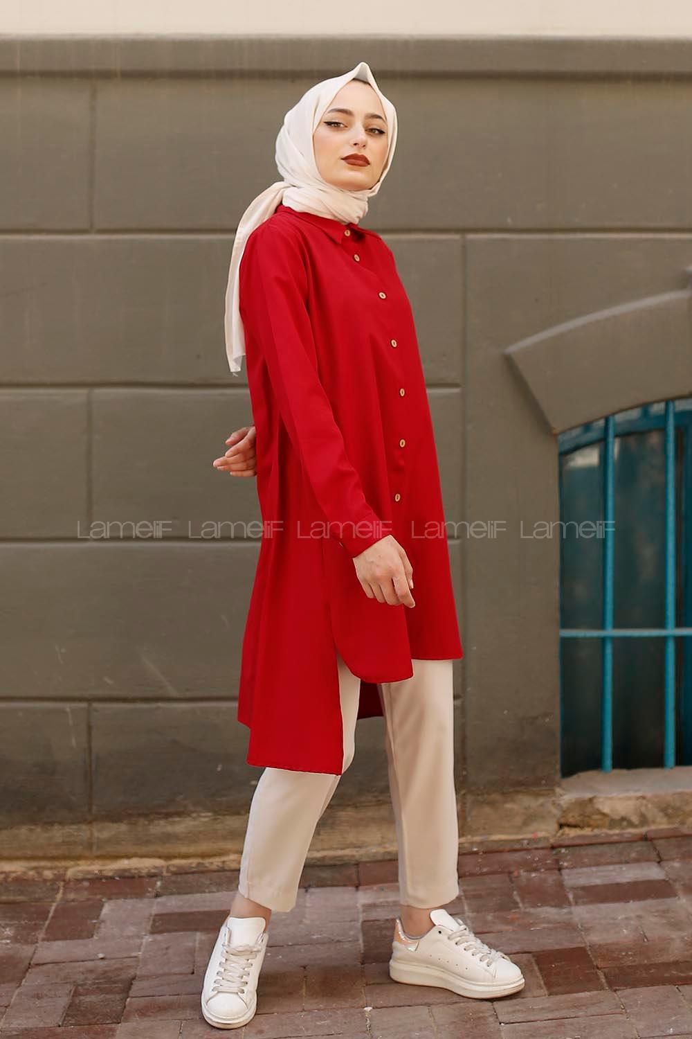 Modalamelif Yırtmaçlı Arkası Uzun Gömlek Kırmızı