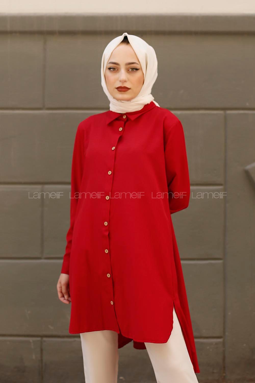 Modalamelif Yırtmaçlı Arkası Uzun Gömlek Kırmızı