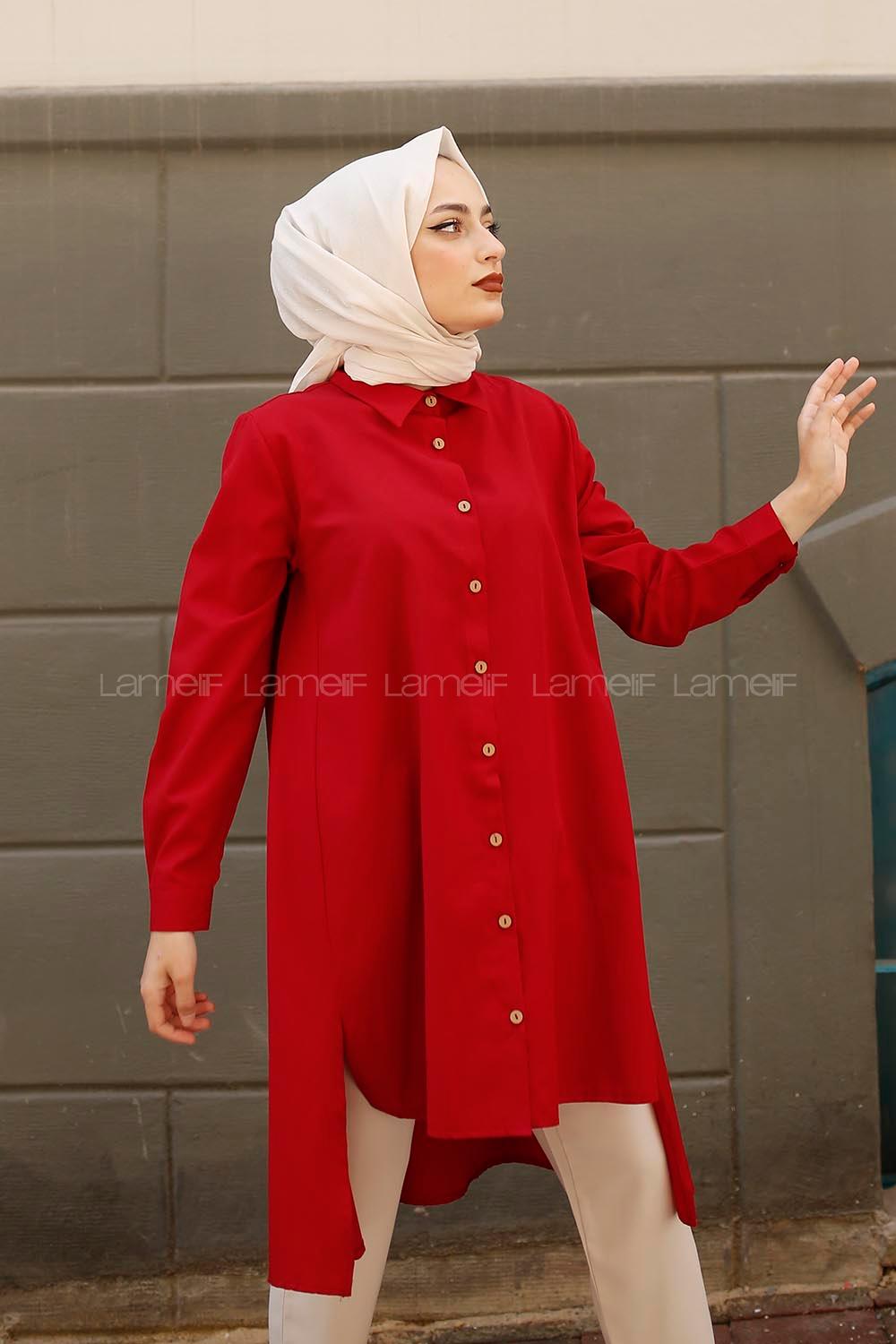 Modalamelif Yırtmaçlı Arkası Uzun Gömlek Kırmızı