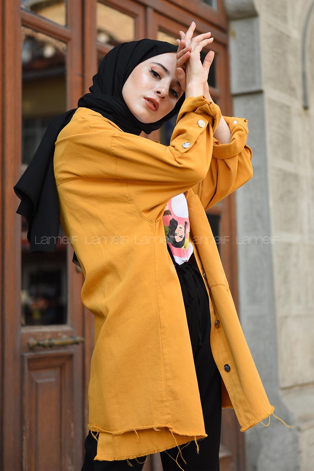 Modalamelif Cebi Yıldız Yapışkanlı Ceket Hardal Sarısı