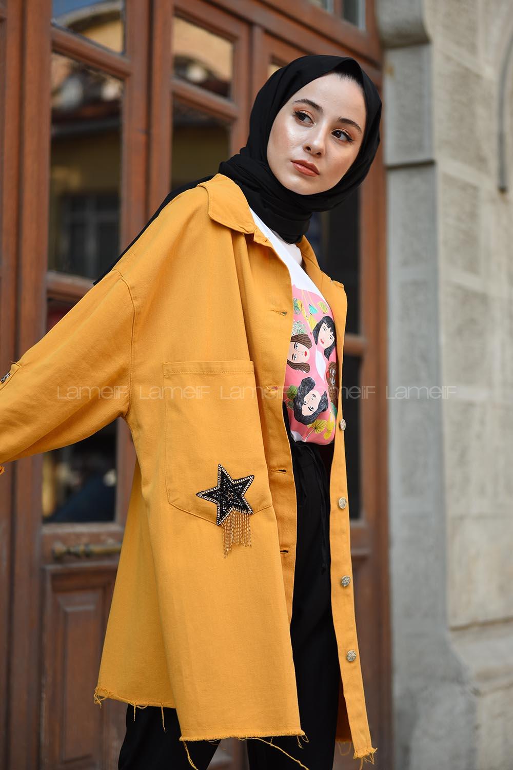 Modalamelif Cebi Yıldız Yapışkanlı Ceket Hardal Sarısı