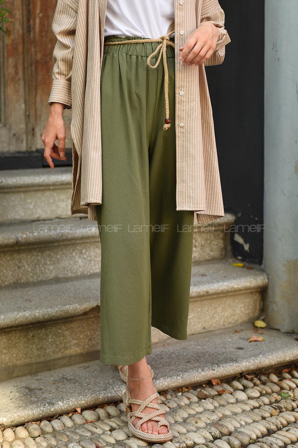 Modalamelif Hasır İpli Bol Paça Pantolon Haki