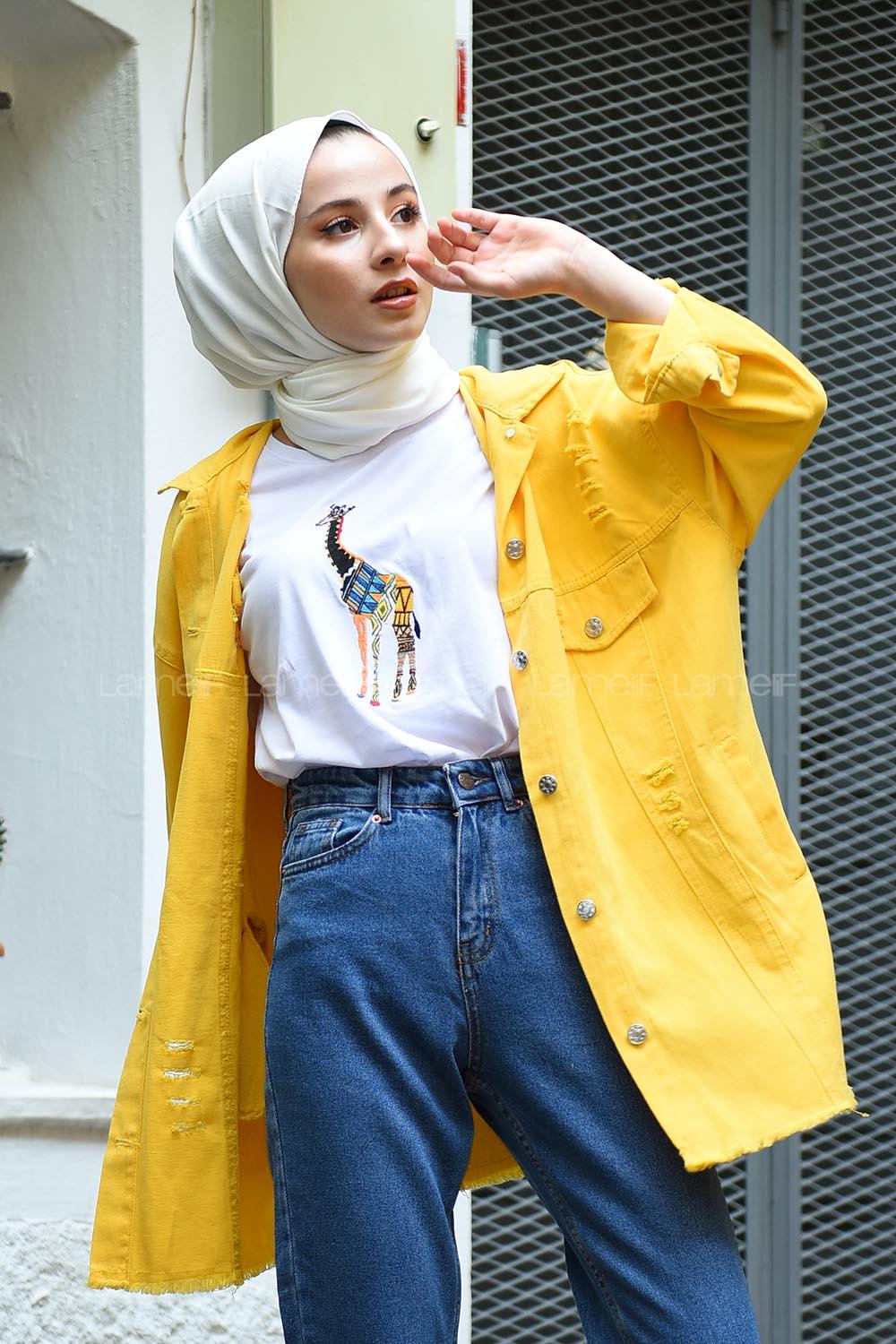 Modalamelif Yırtık Arkası Yazılı Model Kot Ceket Sarı