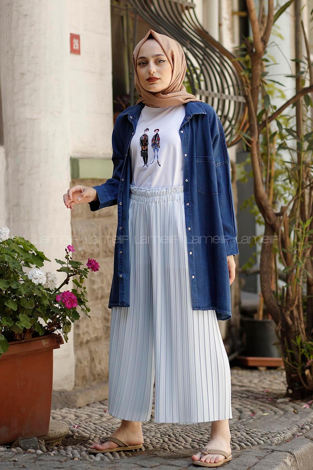 Modalamelif Oversize Gizli Cepli Kot Gömlek Koyu Mavi