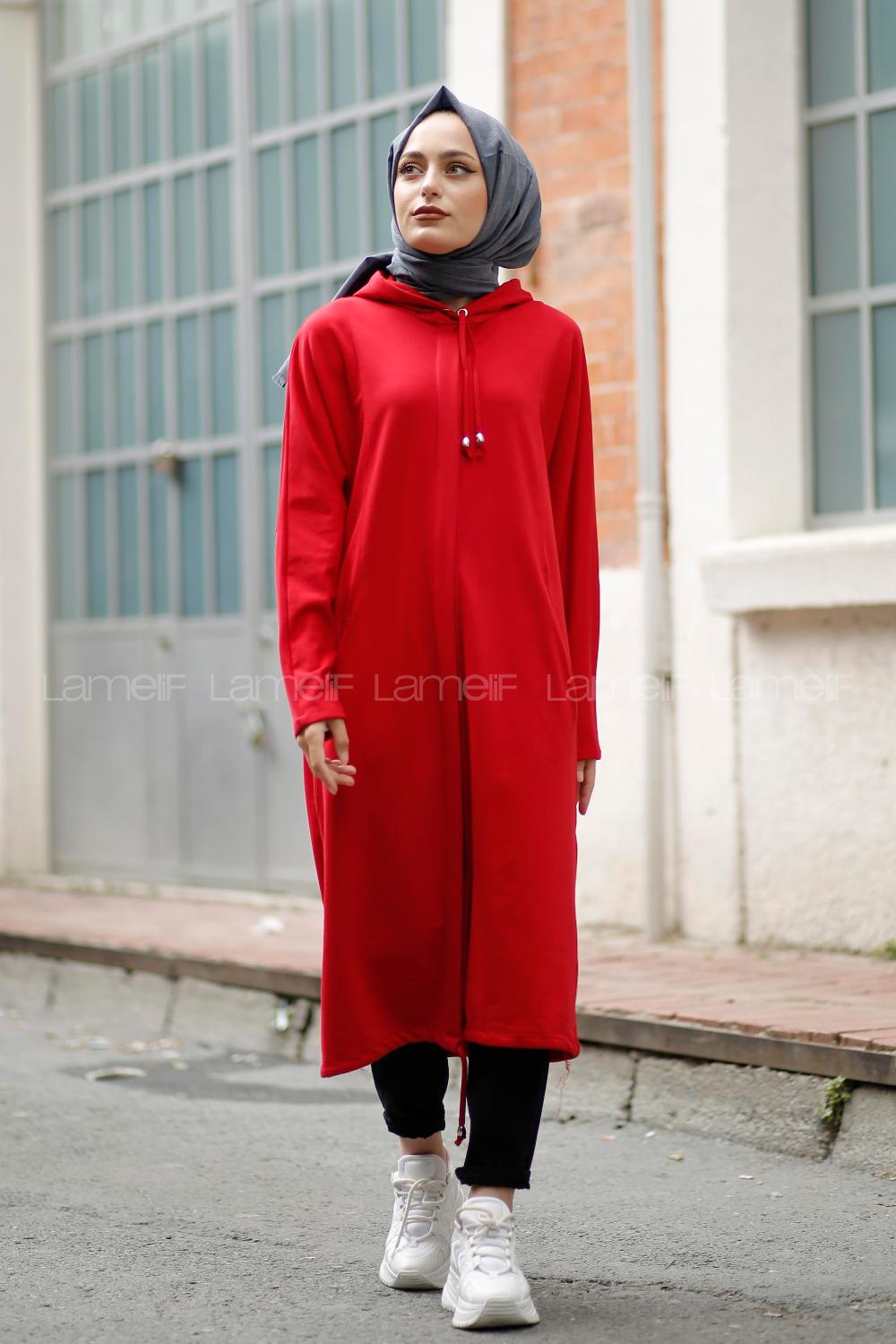Modalamelif Kapşonlu Uzun Spor Kap Kırmızı
